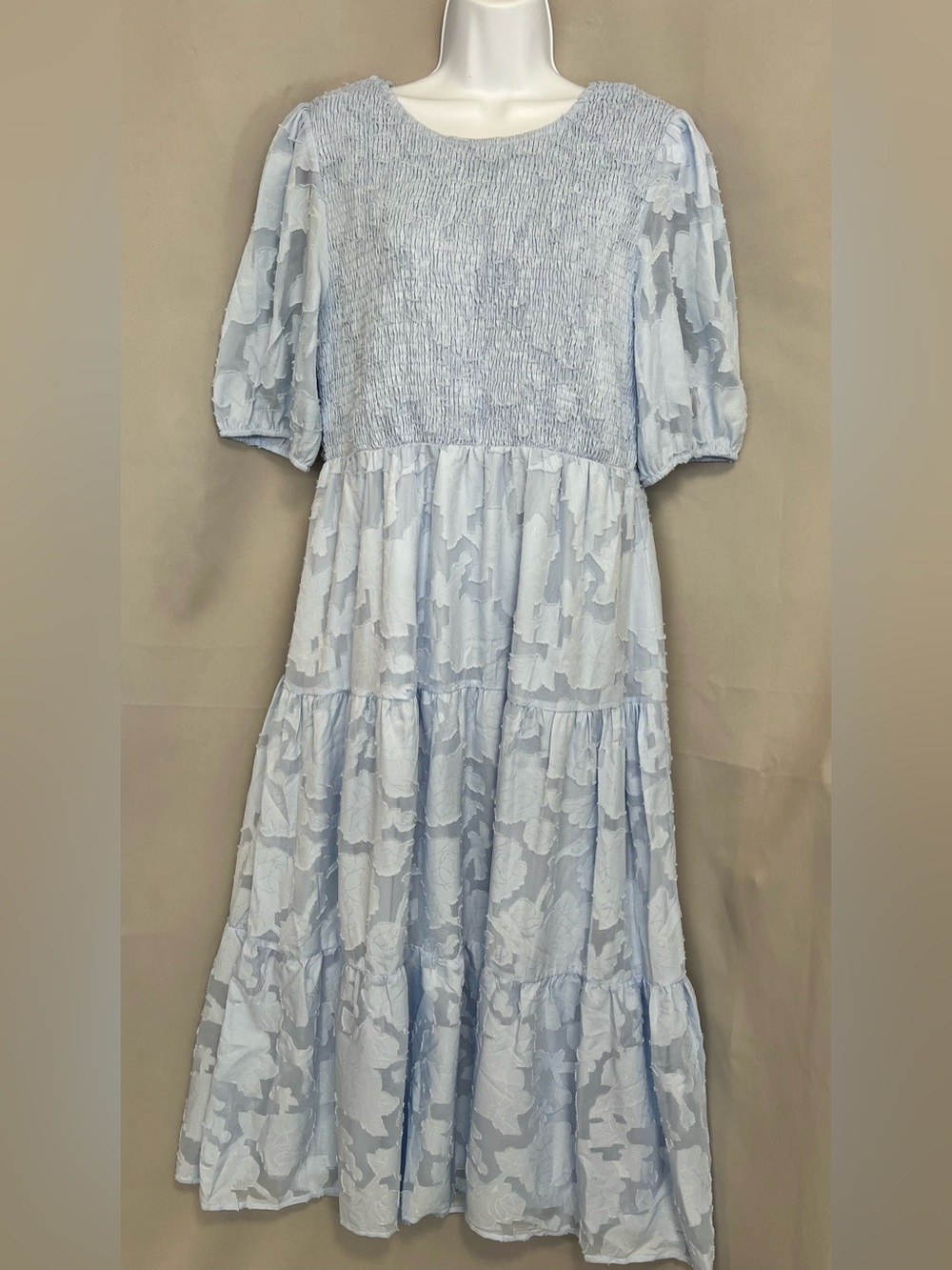 ZESICA Women's Short Puff Sleeve Crewneck Smocked Floral Lace Dress Sz Large